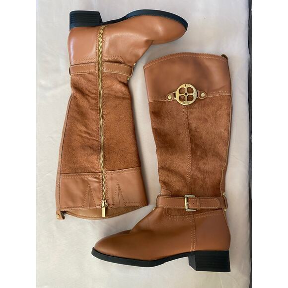 Iman Tall Riding Boots 6.5W (Fit 7–7.5) Brown Faux Leather Gold Buckle - Picture 6 of 9